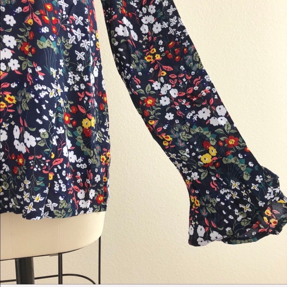 Navy Floral Tie Neck Long Ruffle Sleeve Blouse - Picture 6 of 6